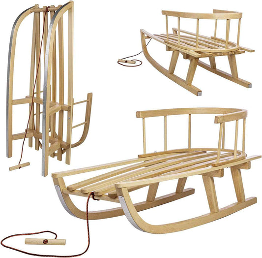 Holzschlitten für Kinder mit Rückenlehne und Zugseil - Klassischer Schlitten mit Stahlkufen - Geprüfte Sicherheit mit schützenden Seitenstangen - Braun lackiert 90 x 33 x 38cm