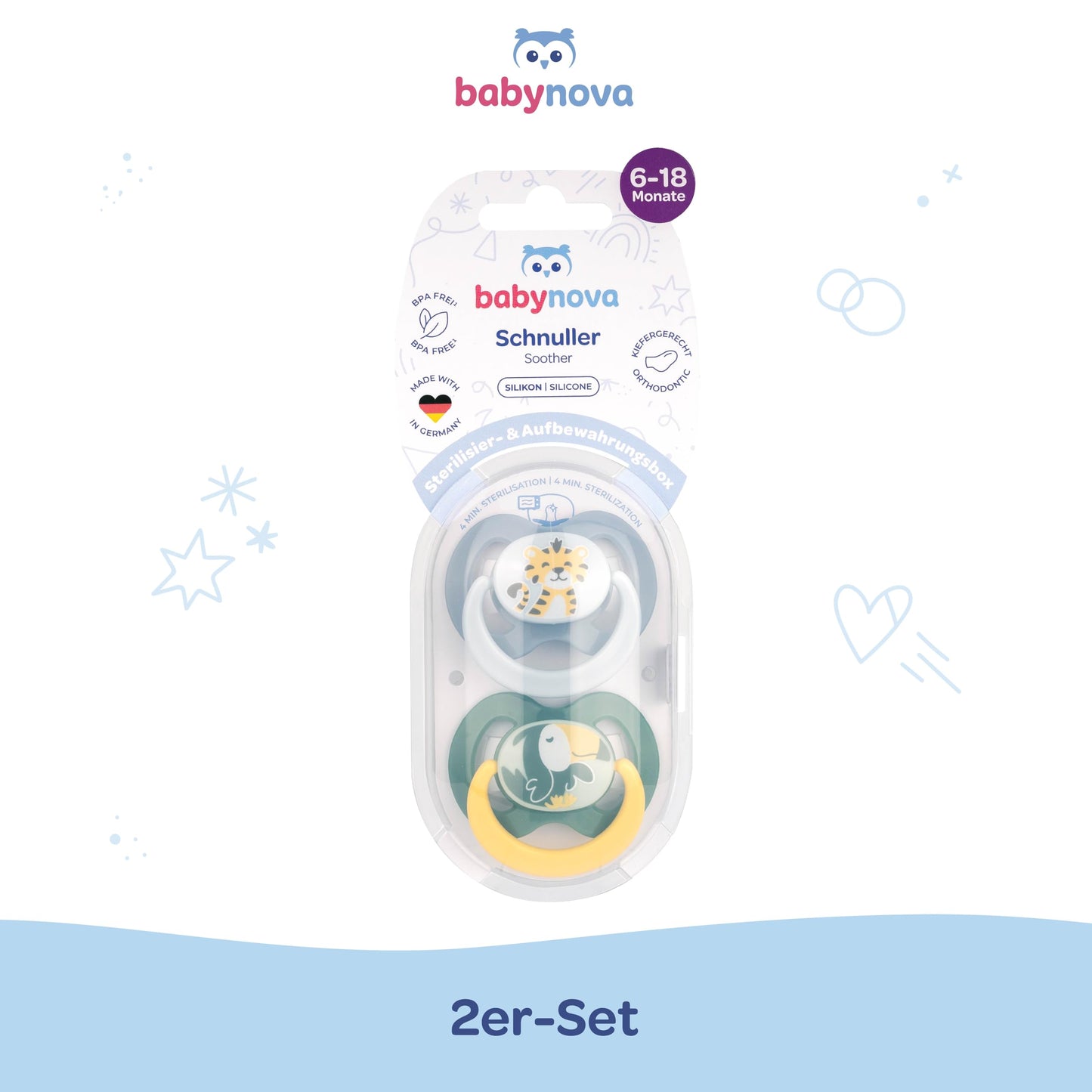 babynova Silikon Schnuller 2er-Set mit Sterilisationsbox - Schnuller Größe 1, 0-6 Monate - kiefergerechter Nuckel – BPA-frei – Made in Germany - Elefanten