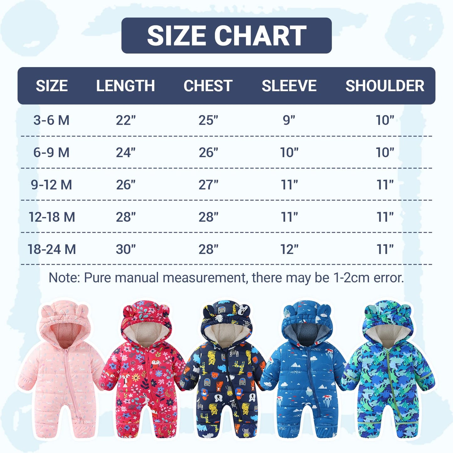 JiAmy Baby Winter Snowsuit, Toddler Bear Hood Fold-Over Mittens Booties Jumpsuit Toddler Warm Fleece Romper Girls Boys Warm Jumpsuit 3-24 Months