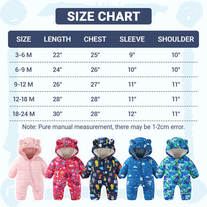 JiAmy Baby Winter Snowsuit, Toddler Bear Hood Fold-Over Mittens Booties Jumpsuit Toddler Warm Fleece Romper Girls Boys Warm Jumpsuit 3-24 Months