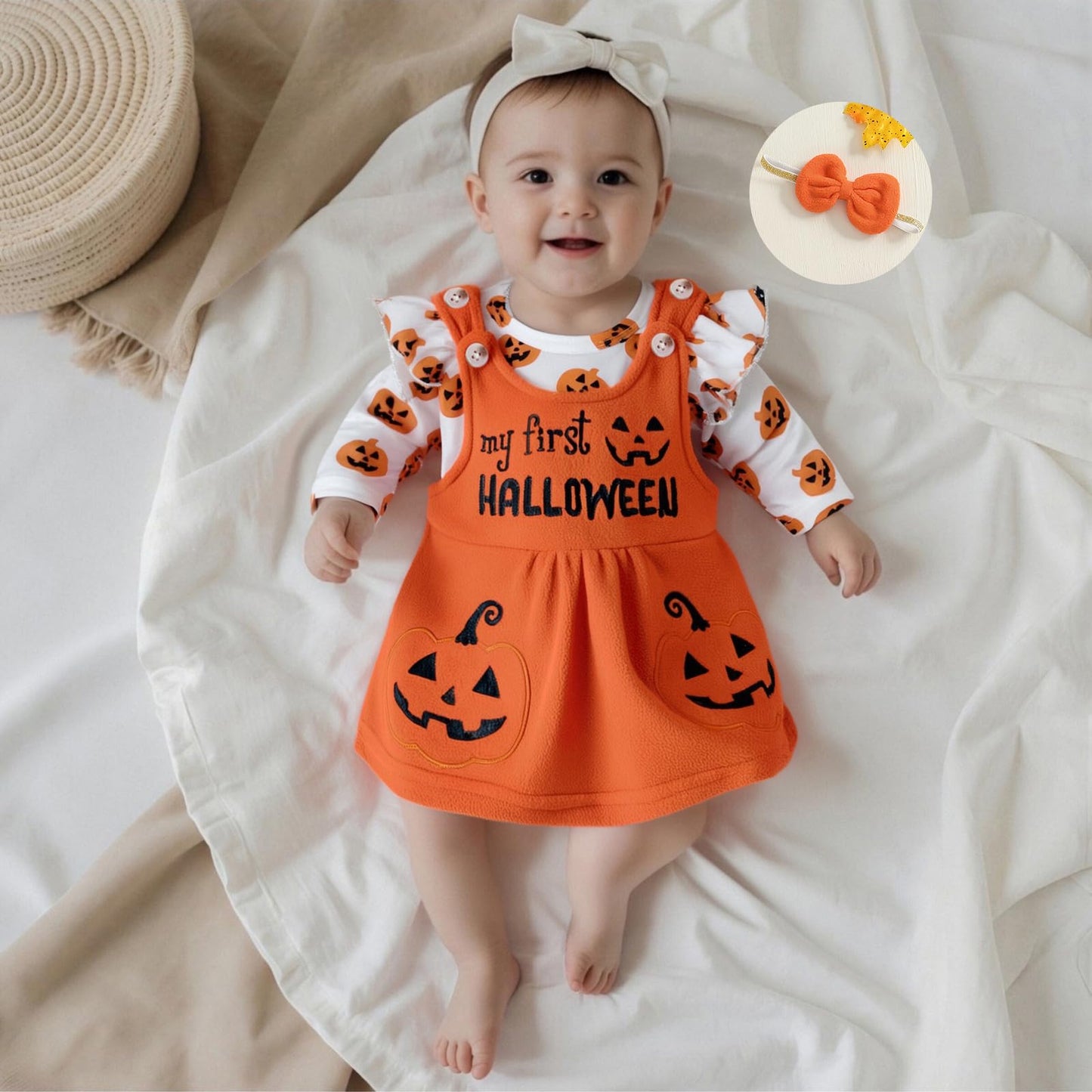 Geagodelia Baby Girl Halloween Clothing Outfit Pumpkin Ghost Baby Clothing Set Body Top + Jumpsuit Dress Newborn Soft Baby Set