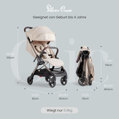 Silver Cross | Clic Kompakt-Kinderwagen | Reisekinderwagen | faltbarer & leichter Kinderwagen | Kabinengröße | Neugeborene - 4 Jahre | Almond