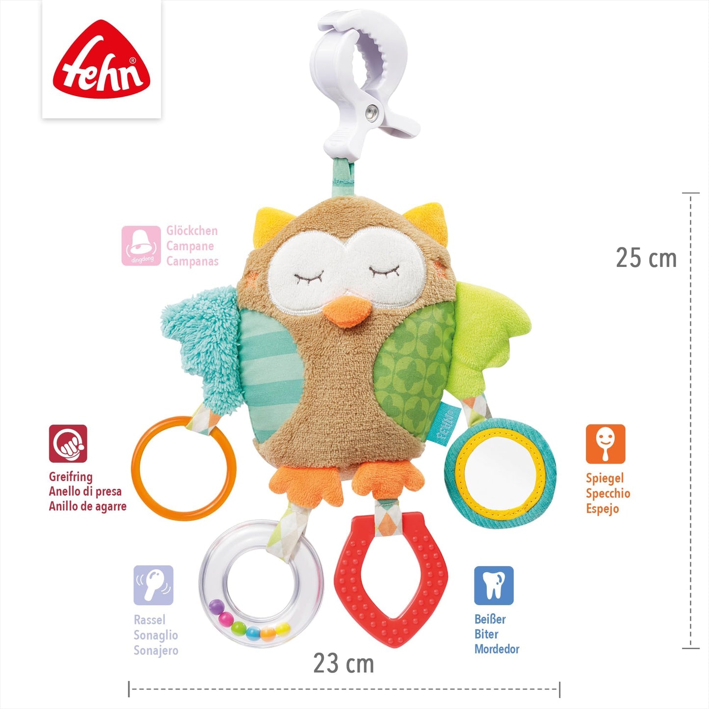 Fehn Activity-Spieltier Teddy – Baby Motorikspielzeug für Kinderwagen, Kinderbett und Babyschale zum Beißen, Greifen und Geräusche erzeugen – Beißring Spielzeug für Babys und Kinder ab 0+ Monaten