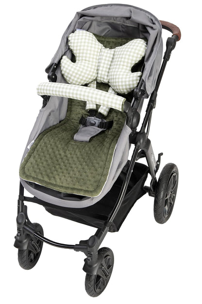 Sitzauflage Kinderwagen Buggy Baby Sommer Kindersitz Einlage Universal - 5tgl Gurtpolster + Spielbogen Kinderwagenset Babyschale (Safari mit beige Minky)