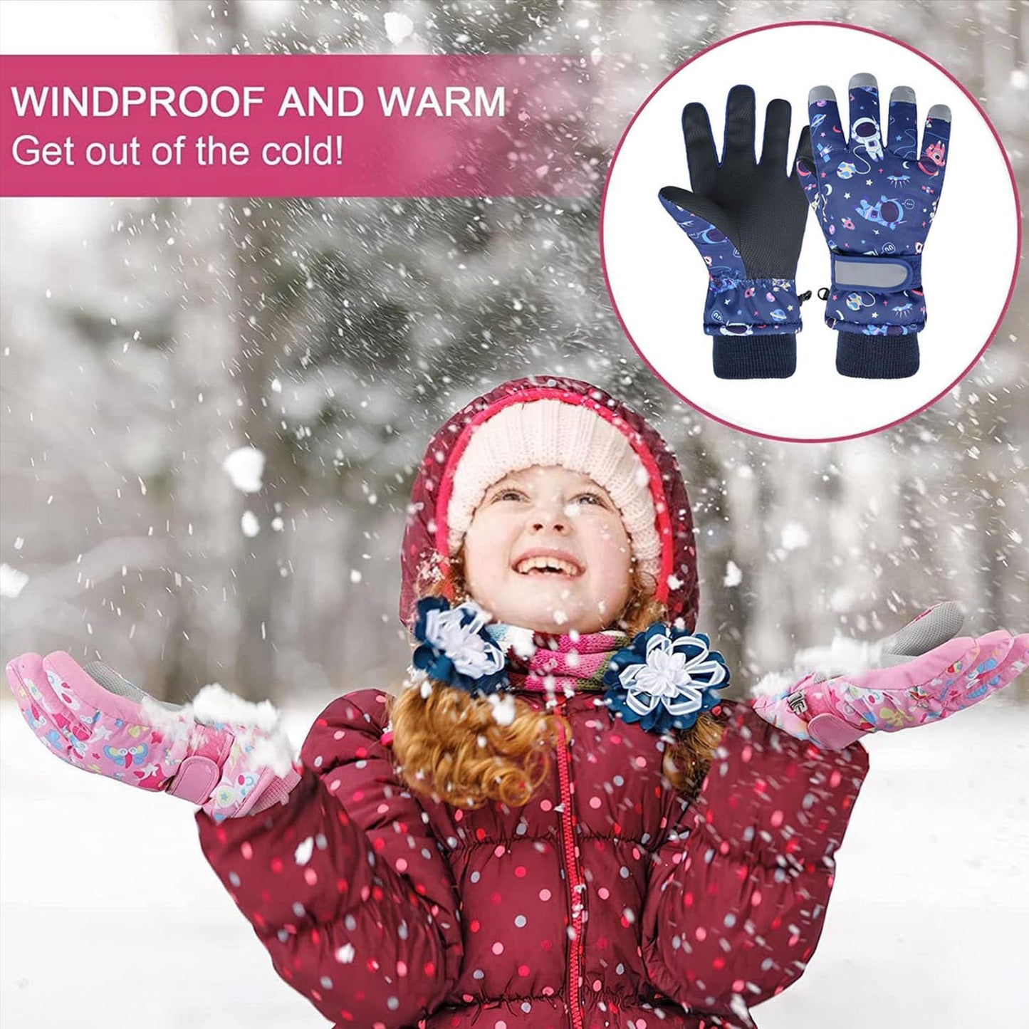 FAYHIJUN Children's Winter Snow Gloves Ski Gloves for 1-13 Years Girls Boys PU Palm Waterproof Windproof Warm Fleece Winter Gloves Cycling Gloves