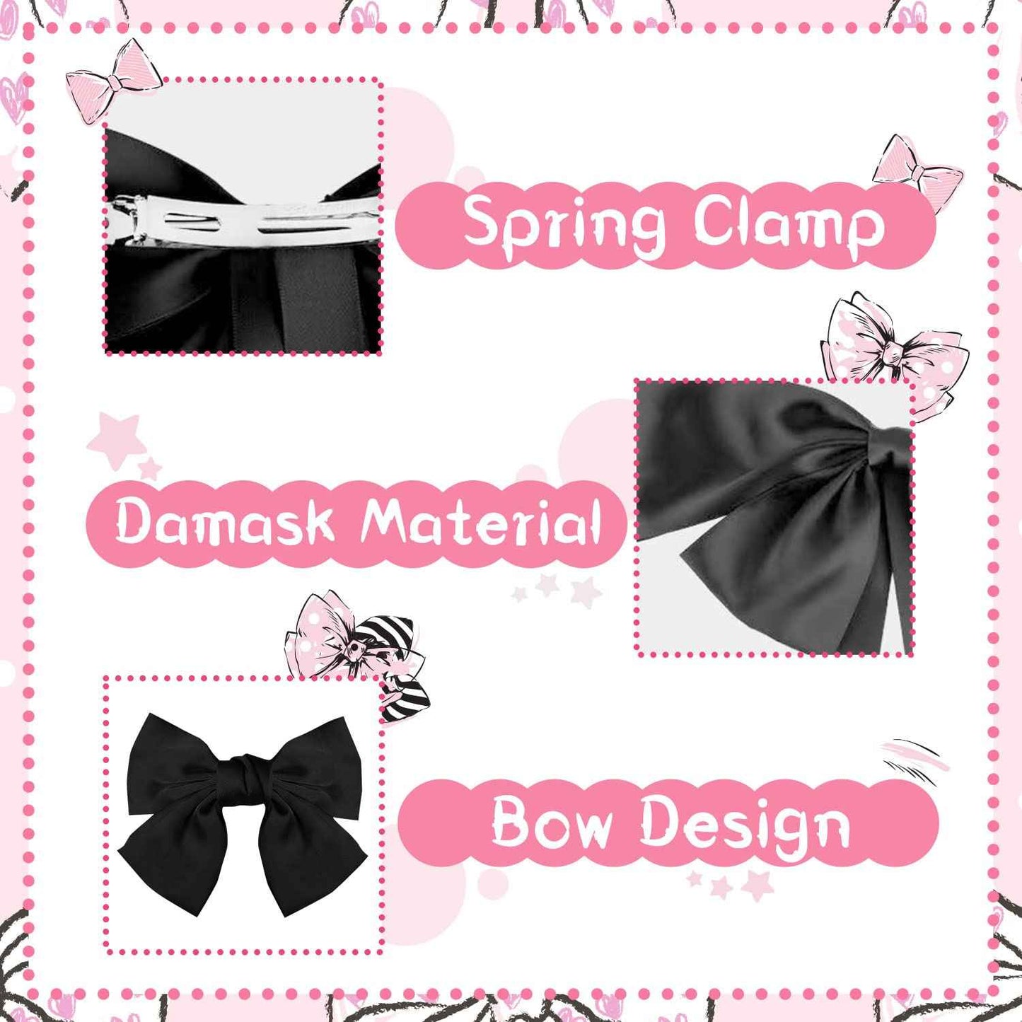 Bow Hair Clip, Pack of 2 Women Hair Bows Large Bow Hair Clip French Hair Clips Girls Hair Clips (Black + White)