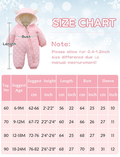 SEAUR Toddler Baby Winter Snowsuit Windproof One Piece Buffer Padded Romper Warm Hooded Outerwear for Baby 6-24 Months