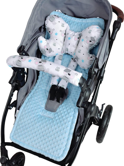 Sitzauflage Kinderwagen Buggy Baby Sommer Kindersitz Einlage Universal - 5tgl Gurtpolster + Spielbogen Kinderwagenset Babyschale (Safari mit beige Minky)