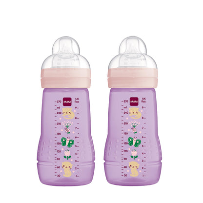 MAM Easy Active Trinkflasche im 2er-Set (330 ml), Baby Trinkflasche inklusive MAM Sauger Größe 2 aus SkinSoft Silikon, Milchflasche mit ergonomischer Form, 4+ Monate, Weltall - Meloni2