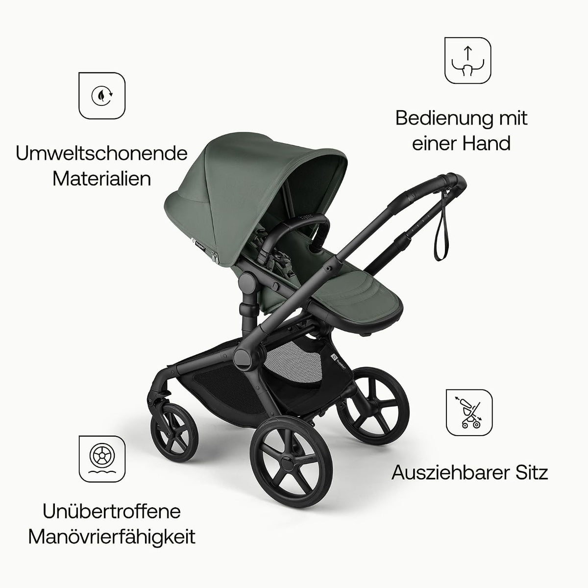 Bugaboo Fox 5 Renew, 2-in-1 Kinderwagen für jedes Gelände, mit Liegewanne | ausziehbarer Kleinkindsitz, praktische Ein-Hand Faltung, Fahrgestell in Schwarz und Sonnendach in Forest Green ab Lager