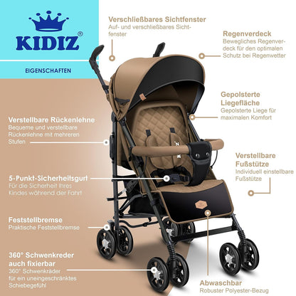 KIDIZ® City-Pro Pushchair Folding Pushchair Pushchair Sports Pushchair Foldable 360° 6 Inch Wheels Includes Mosquito Net, Footmuff and Rain Cover Foldable Sleep Function Blue 