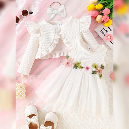 Baby Mädchen Kleid Strickjacke Sets 3 Stück Neugeborene Kleidung Jäckchen + Kleid + Stirnband Frühling Sommer Herbst Winter Langarm Jacke Ärmelloses Kleid für Hochzeit Weihnachten
