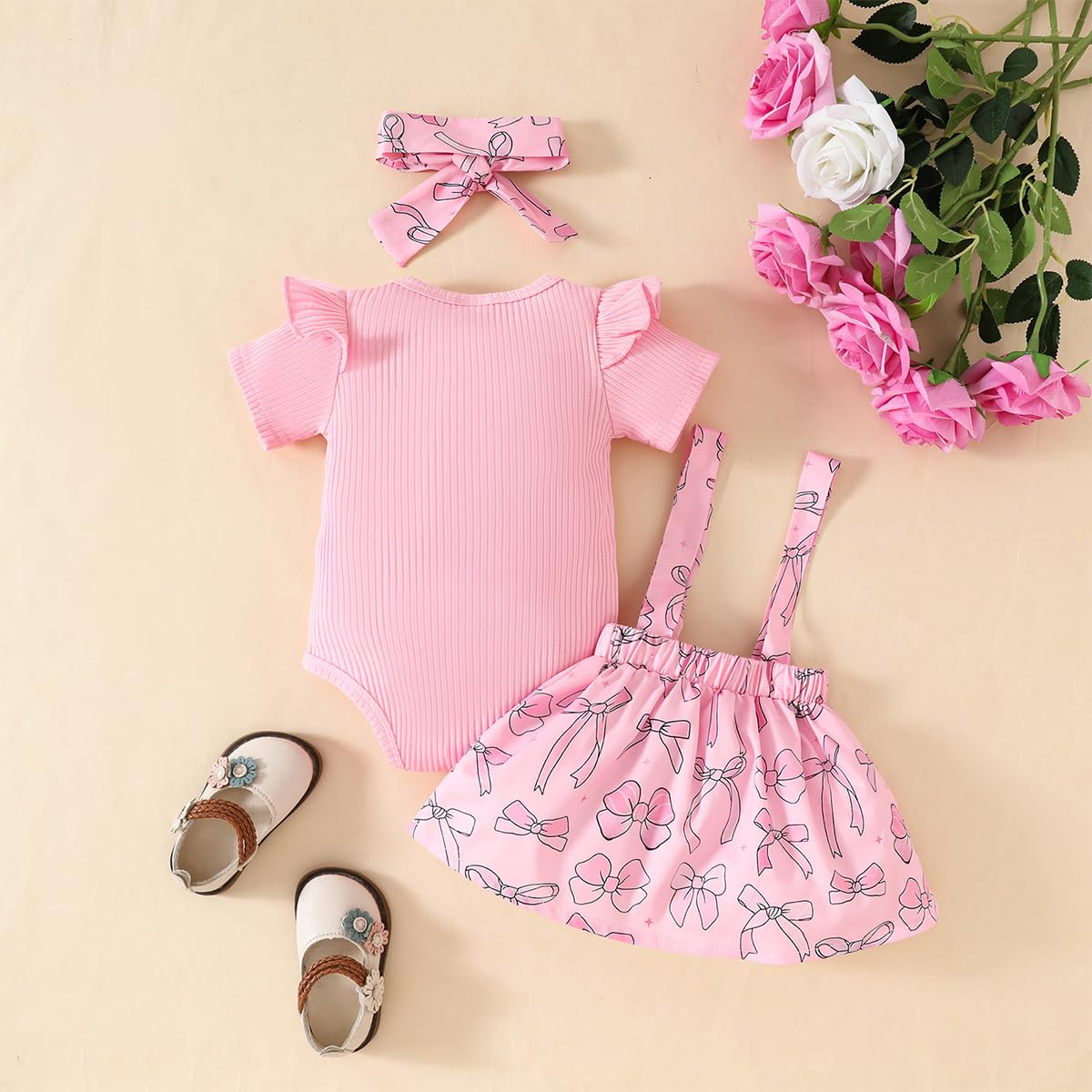 Neugeborenes Baby Mädchen Röcke Sets Kurzarm Rüschen Top + Bedrucktes Overalls Hosenträger Kleid + Stirnband Sommer Kleidung Outfits Set