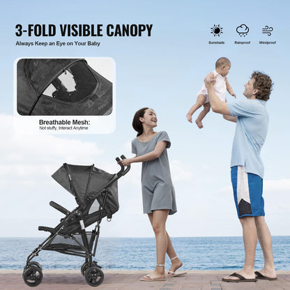 VEVOR Leichter Kinderwagen, kompakt, einfach zusammenklappbar, mit verstellbarer Rückenlehne, Rahmen aus Karbonstahl, großer Aufbewahrungskorb, Kinderwagen mit Schirm für Reisen und mehr, Schwarz/Pink - Meloni2