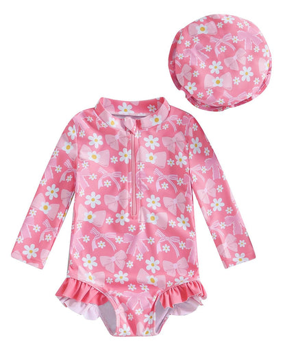 Baby Badeanzug Mädchen mit Sonnenhut Langarm UV Schutz Badebekleidung Für Baby-Mädchen Bademode Schwimmanzug