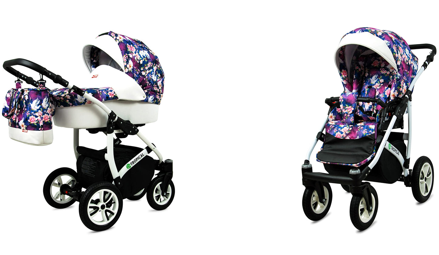 BabyLux® Bambimo Pushchair Set 3 in 1 - Tropical - incl. Baby Carrycot, Buggy Sports Seat, Car Seat - Pram Set - Combination Pram with Changing Bag, Rain Cover etc.