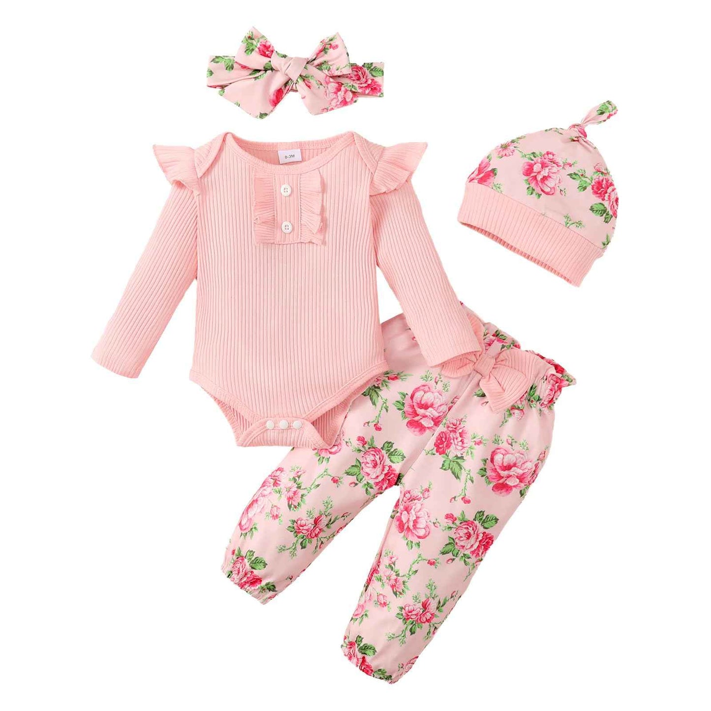 LUVCES Newborn Baby Girl Clothing Toddler Ribbed Ruffle Long Sleeve Romper + Floral Pants + Headband Cute Fall Outfit Set