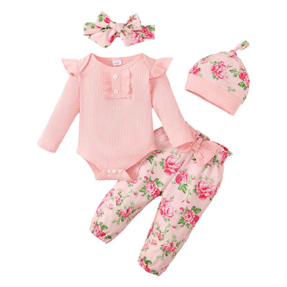 LUVCES Newborn Baby Girl Clothing Toddler Ribbed Ruffle Long Sleeve Romper + Floral Pants + Headband Cute Fall Outfit Set