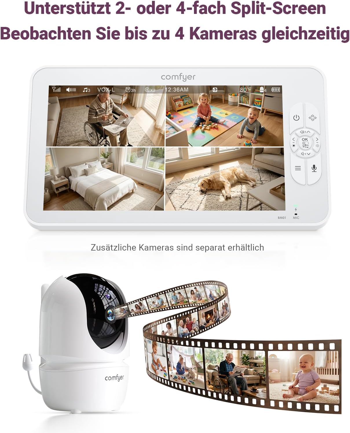 Comfyer BM01 Split-Screen Babyphone mit 2 Kameras, 7" HD 720P ohne WLAN mit Halterung, IR-Nachtsicht VOX-Modus mit Sound-Alarm 2-Wege-Audio 6000mAh 300M Reichweite Videoüberwachungsgerät