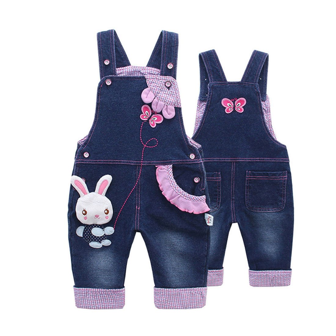 KIDSCOOL SPACE Baby-Mädchen Jeans-Latzhose, niedliches Denim-Outfit mit 3D-Hasenmotiv, Blau