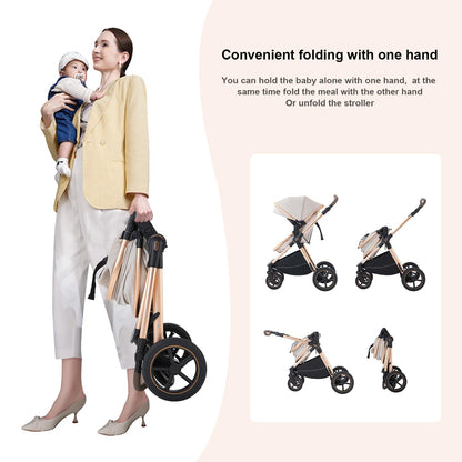 BEBBY 3-in-1 Kinderwagen KombiKinderwagen-Set 2-in-1 Buggy faltbar Luxus Hochlandschaft Neugeborenes Tragbarer Kinderwagen Zusammenklappbarer Kinderwagen Kinderwagen Travel System (D2-DEEPGREY)