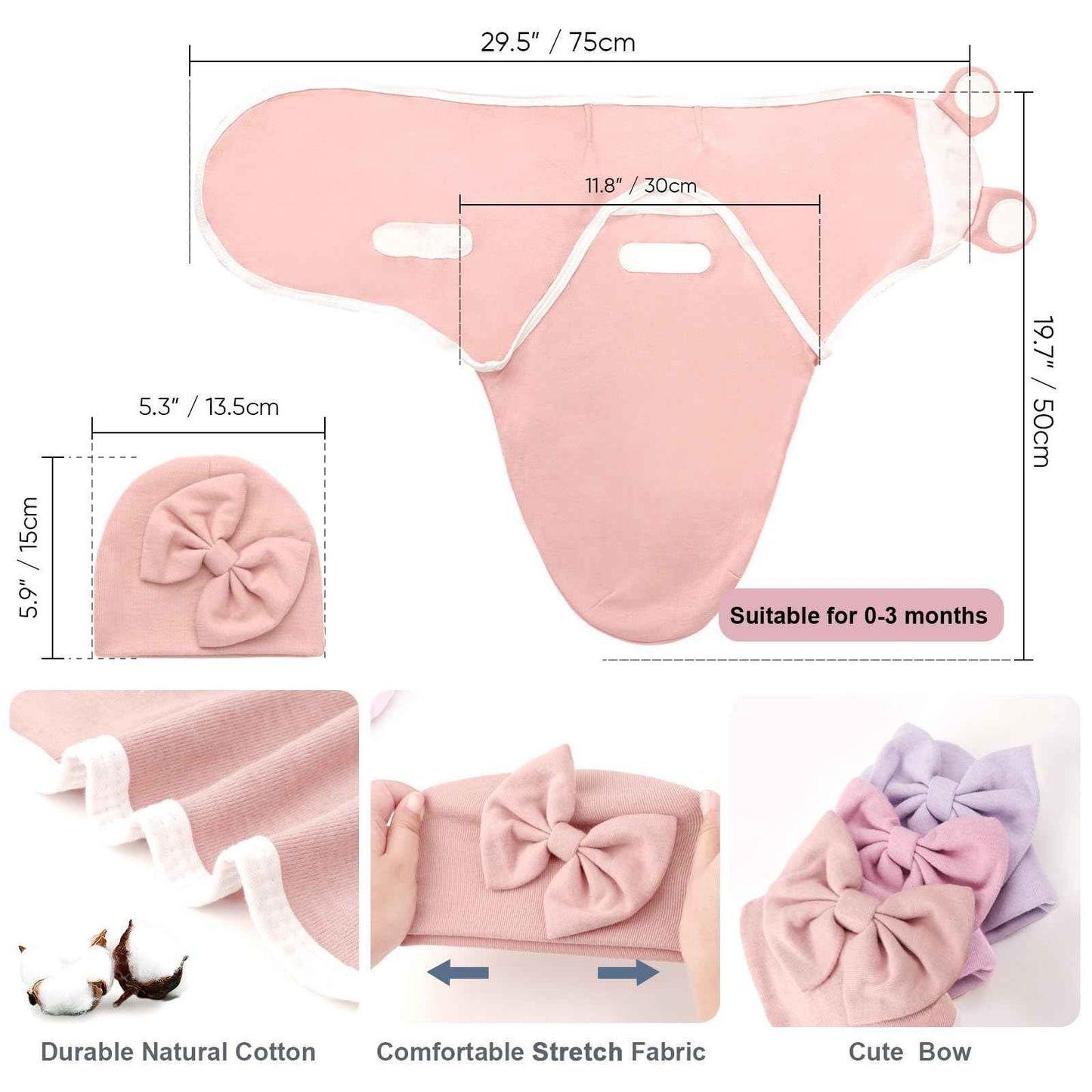 DRESHOW Neugeborene Swaddle Decke Hut Set Baby Gedruckt Swaddles Säugling Einstellbar Schlafsack für 0-3 Monate Mädchen Jungen