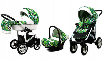BabyLux® Bambimo Pushchair Set 3 in 1 - Tropical - incl. Baby Carrycot, Buggy Sports Seat, Car Seat - Pram Set - Combination Pram with Changing Bag, Rain Cover etc.