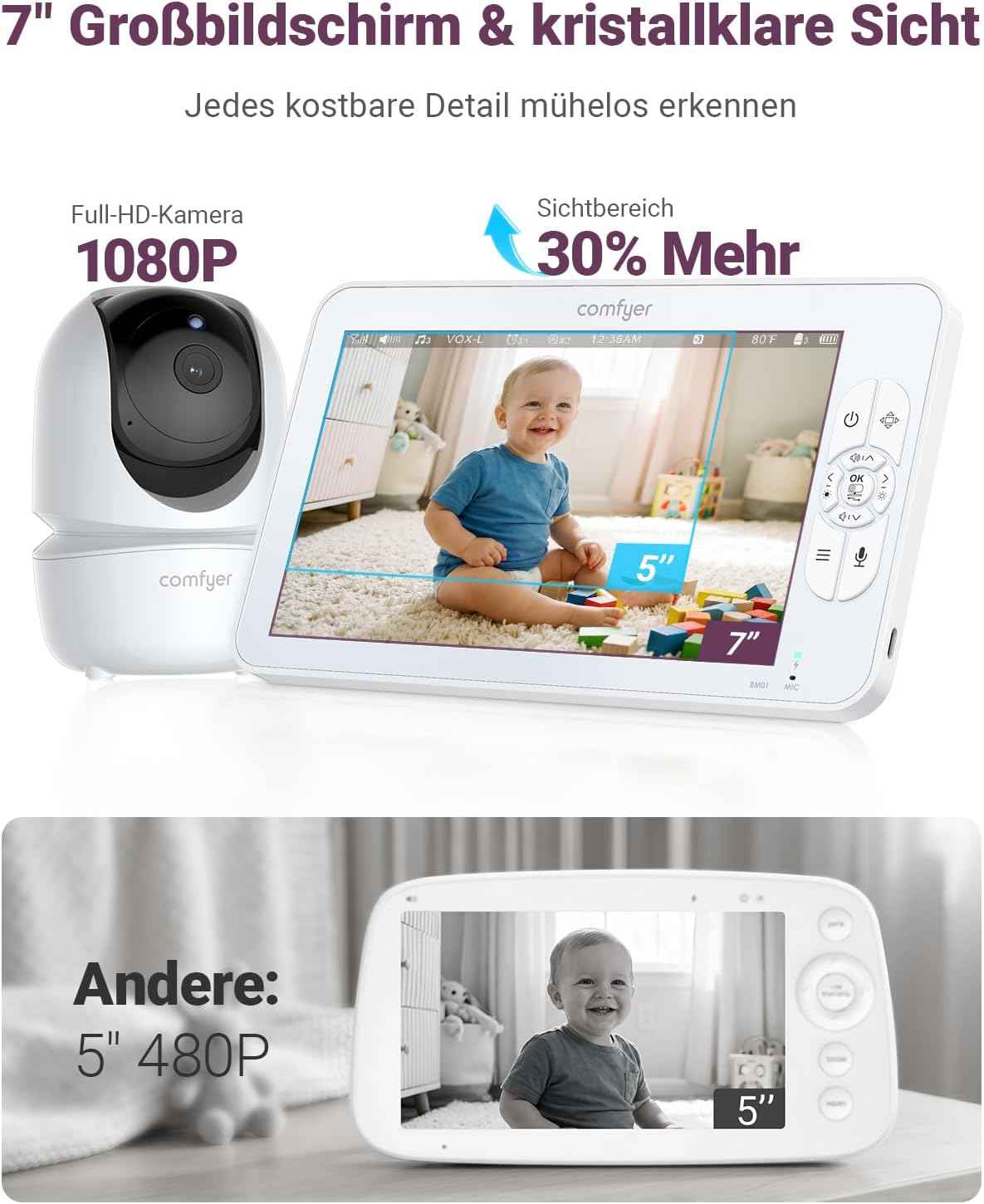 Comfyer BM01 Split-Screen Babyphone mit 2 Kameras, 7" HD 720P ohne WLAN mit Halterung, IR-Nachtsicht VOX-Modus mit Sound-Alarm 2-Wege-Audio 6000mAh 300M Reichweite Videoüberwachungsgerät