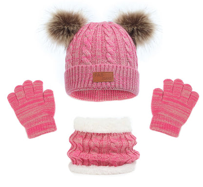 LINSOCLE 3-in-1 Children's Winter Hat Scarf Gloves Set, Knitted Hat Baby Hat Children's Hat Set, Boys Warm Winter Hat Beanie Hat Gloves Round Scarf Set for Children 2-6 Years 