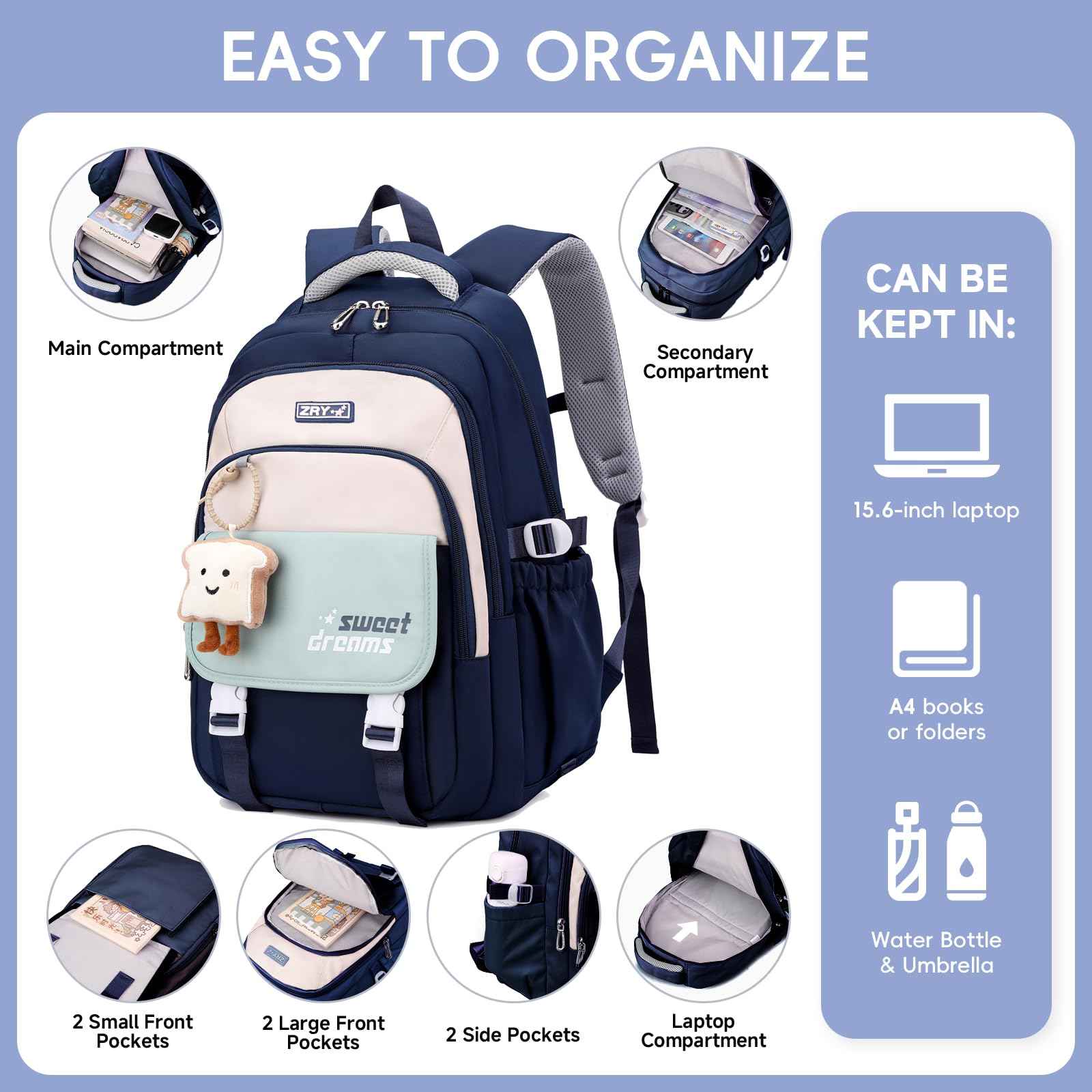 School Backpack Teenager - 36L School Bag for Girls from 5th Grade, Large Backpack for Middle and High School, Casual Children's Backpack with Cute Pendant and Trolley Strap, black, Rucksack