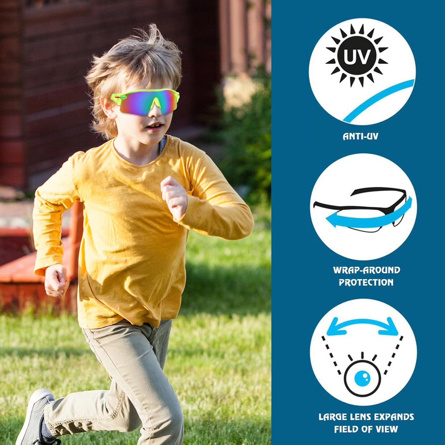 Irikdescia 2 Stück Sport-Sonnenbrille für Kinder, UV400-Sonnenbrille, Sonnenbrille mit Leichtem Rahmen, zum Radfahren, Baseball, Golf, für Jungen und Mädchen (Grün, Schwarz)