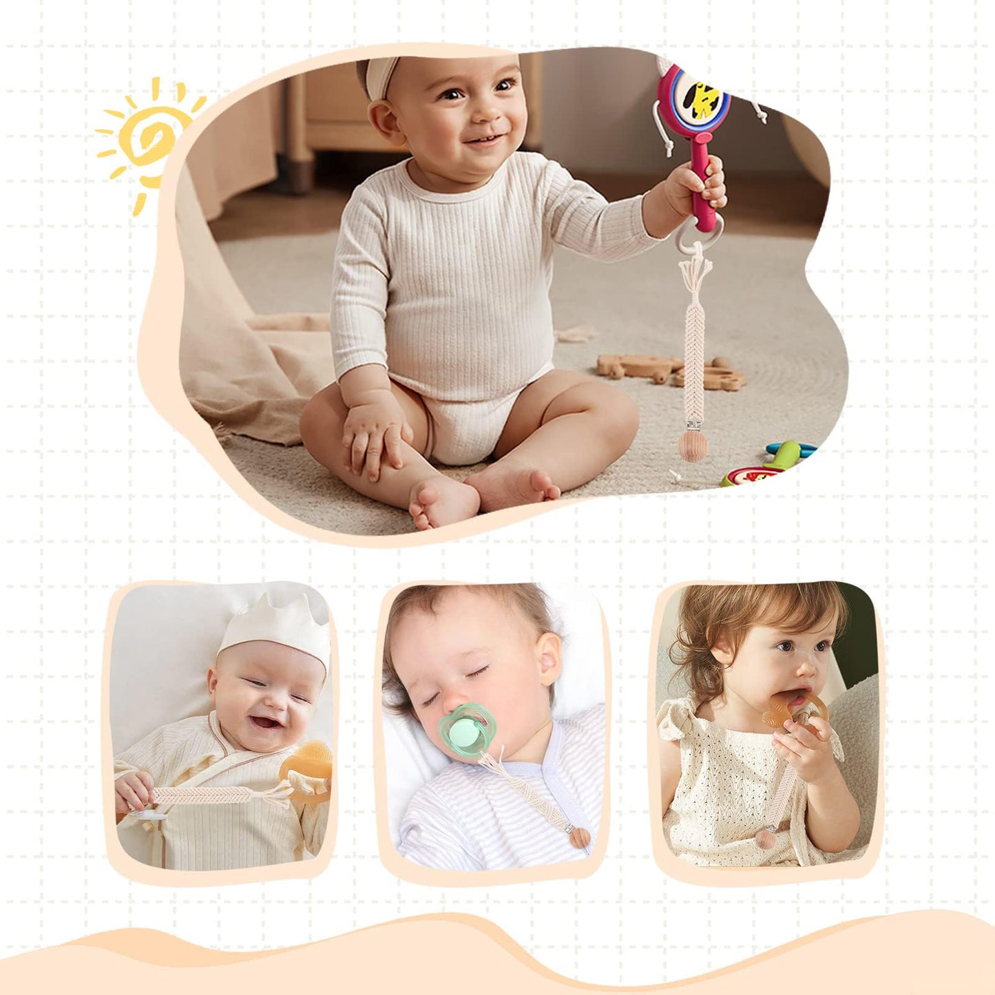 IOSPKKIO® 3 Stück Schnullerclip für Jungen und Mädchen, Schnullerhalter, mit Holzklammern, Handgefertigt, Geflochtene Baumwolle, Babyparty, Geburtstagsgeschenk(Beige)