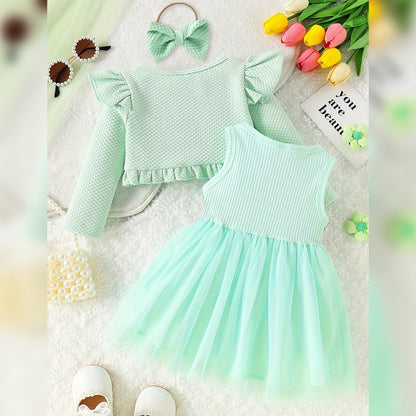 Baby Mädchen Kleid Strickjacke Sets 3 Stück Neugeborene Kleidung Jäckchen + Kleid + Stirnband Frühling Sommer Herbst Winter Langarm Jacke Ärmelloses Kleid für Hochzeit Weihnachten