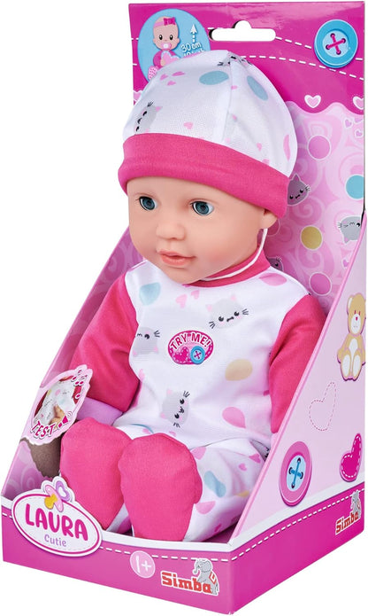 Simba 105140004 - Laura Cutie, Weichkörperpuppe mit Schlafaugen im süßen Kätzchenstrampler, 5 Sounds, 30cm, ab 12 Monaten