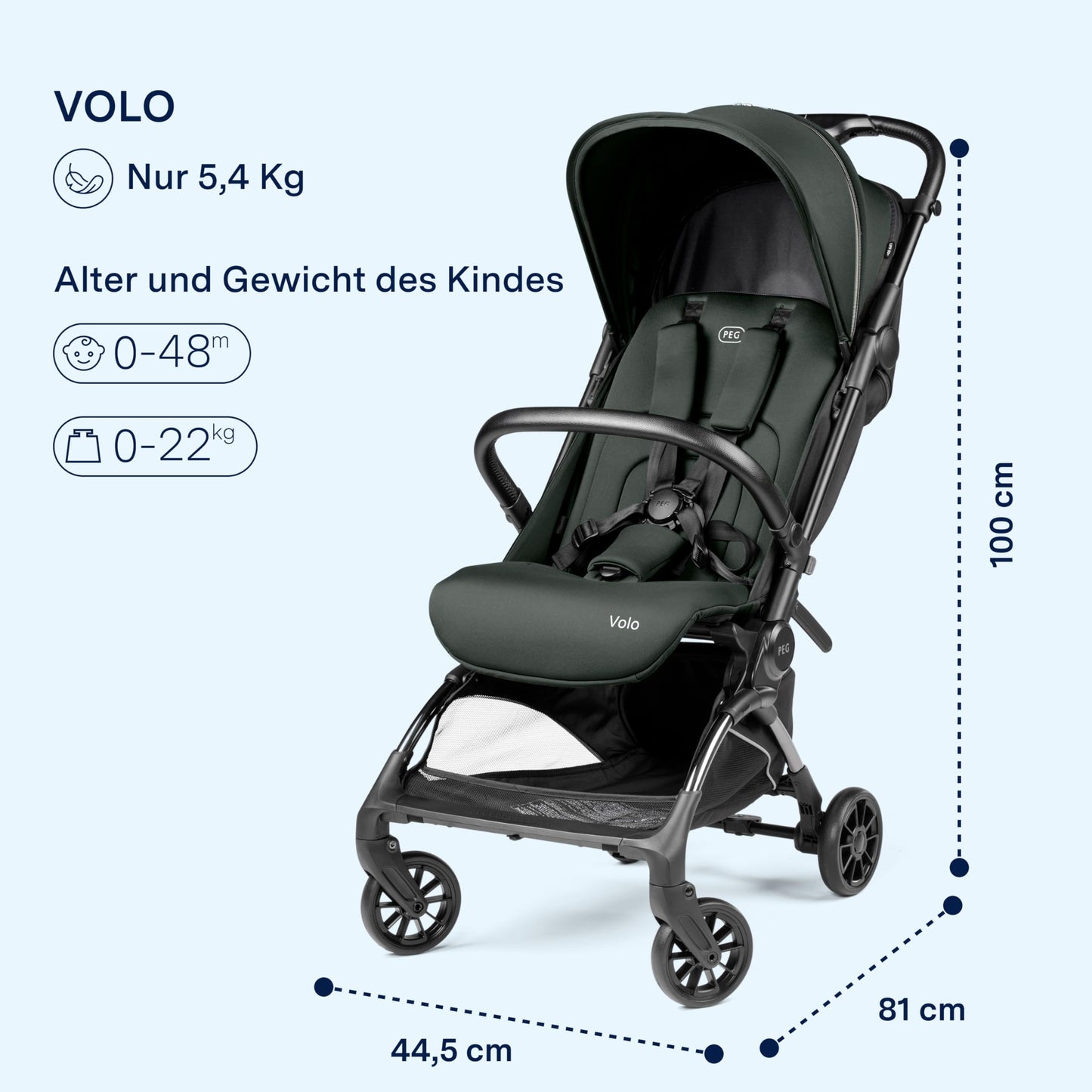 PEG Leichter Buggy Volo mit Regenschutz, Handgepäckgröße, Flugzeuggeeignet, Kompakt, Ab Geburt bis 22 kg, Reisetasche Inklusive, Malva