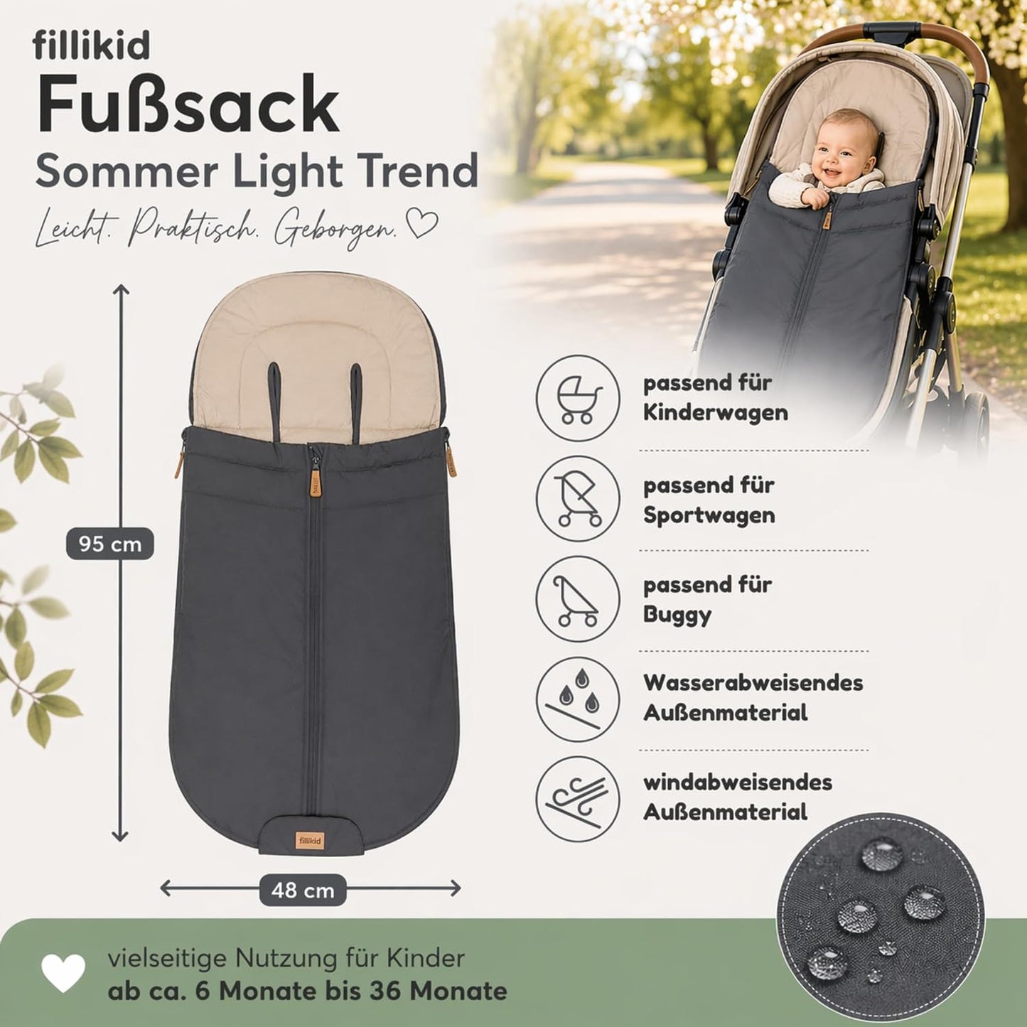 Babyfußsack Light Trend Exklusiv, 95x48cm | Leichter Sommer-Fußsack für Kinderwagen, Buggy & Sportwagen, Vorderteil abnehmbar, pflegeleicht