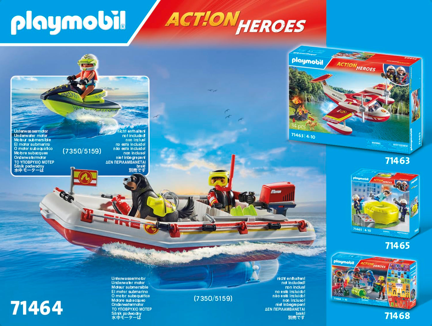 PLAYMOBIL Action Heroes 71464 Fire Boat with Aqua Scooter, Exciting Water Rescue, Includes Diving Goggles, Flippers and Life Jacket, Realistic Toy for Children from 4 Years