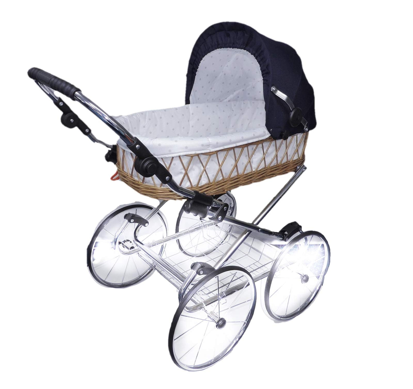 EICHHORN Kinderwagen Wicker Basket Doll's Pram Retro Toy Classic (Basket Natural, Fabric Navy Blue)