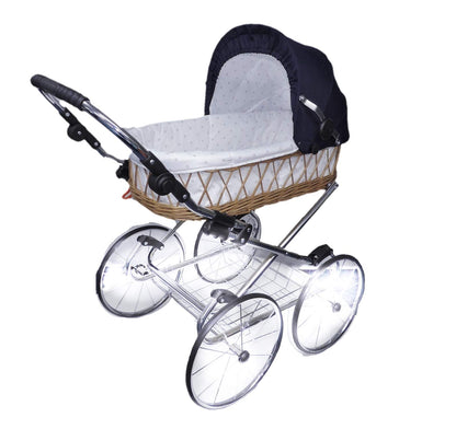 EICHHORN Kinderwagen Wicker Basket Doll's Pram Retro Toy Classic (Basket Natural, Fabric Navy Blue)