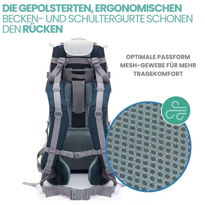 Fillikid Rückentrage - Rücken Babytrage mit Sonnenschutz, Gurt, Kinder Rucksack und Staufächern - Kraxe zum Wandern mit Baby und Kleinkind, bis 18 kg - Blau Grau
