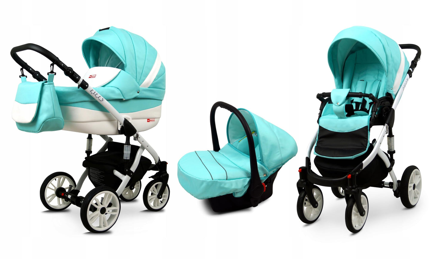 BabyLux® Bambimo Kinderwagen Set 3 in 1 - Lilly - incl. Babywanne, Buggy Sportsitz, Auto-Babyschale - Autositz - Kinderwagenset - Kombikinderwagen mit Wickeltasche, Regenschutz usw.