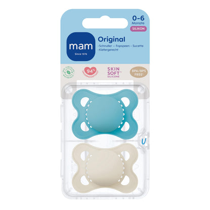 MAM Original Schnuller im 2er-Set, zahnfreundlicher Baby Schnuller aus nachhaltigen & bio-erneuerbaren Materialien, Sauger aus MAM SkinSoft Silikon, mit Schnullerbox, 0-6 Monate, Hase/Reh