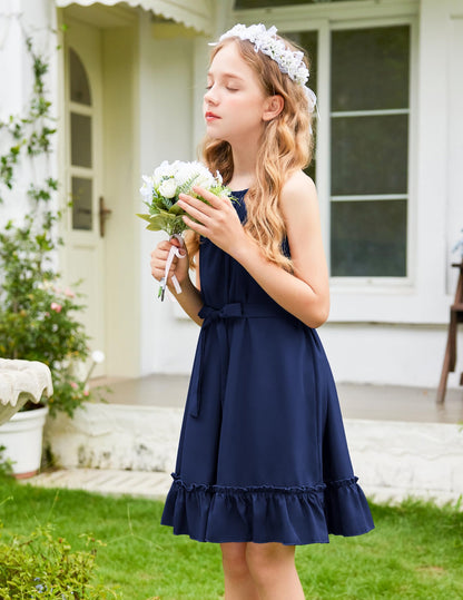 Arshiner Mädchen Kleid Neckholder Sommerkleid Rüschensaum Midikleid A-Linie Kinderkleid Swing Partykleider Abendkleid Kinder Festliche Kleider Freizeitkleid mit Gürtel 6-14 Jahre