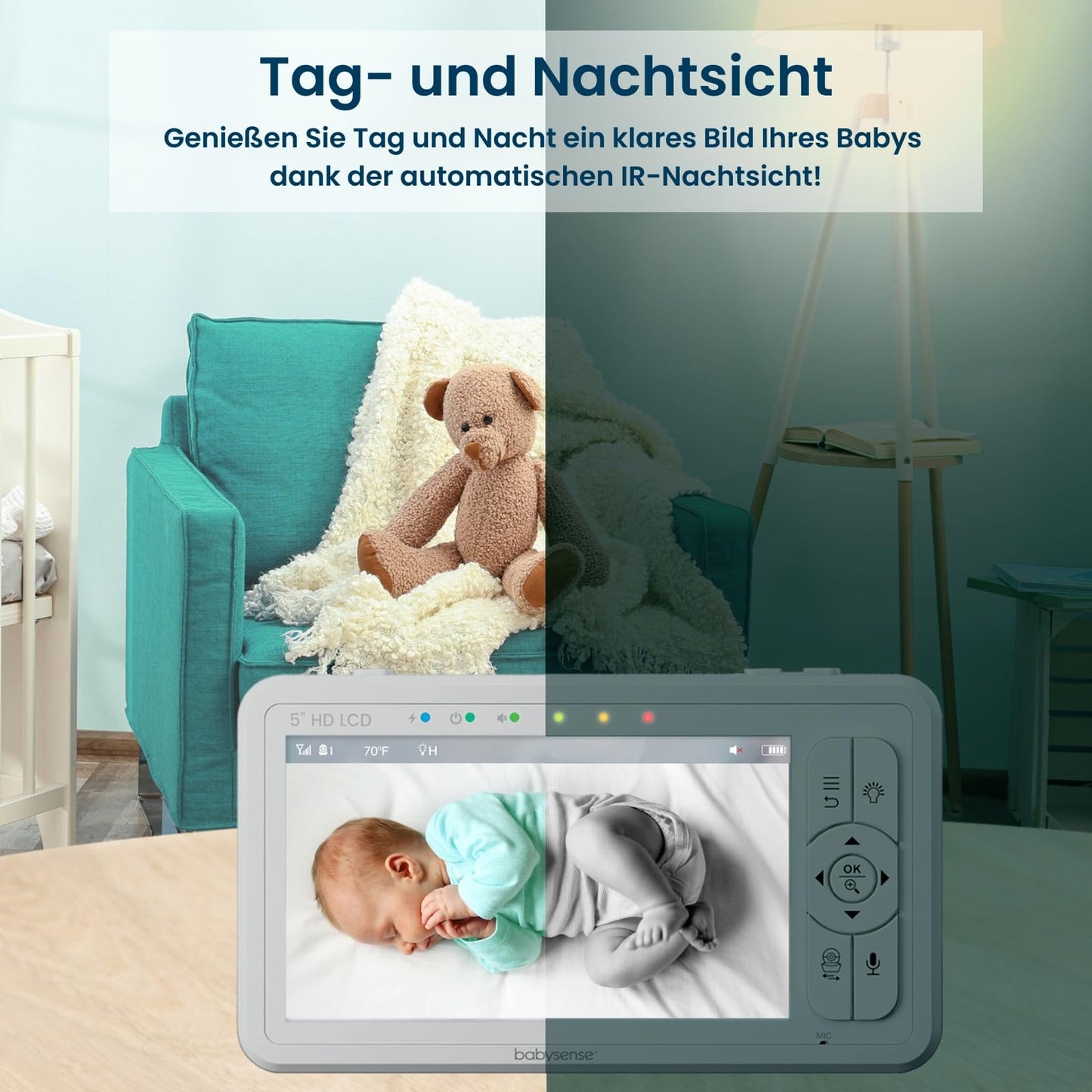 Babysense True Sleep HD Video-Babyphone mit Nachtlichtkamera & Bewegungsmonitor für Babys mit Echtzeit-Warnungen, kontaktlos, 2-in-1, Nur für den Heimgebrauch
