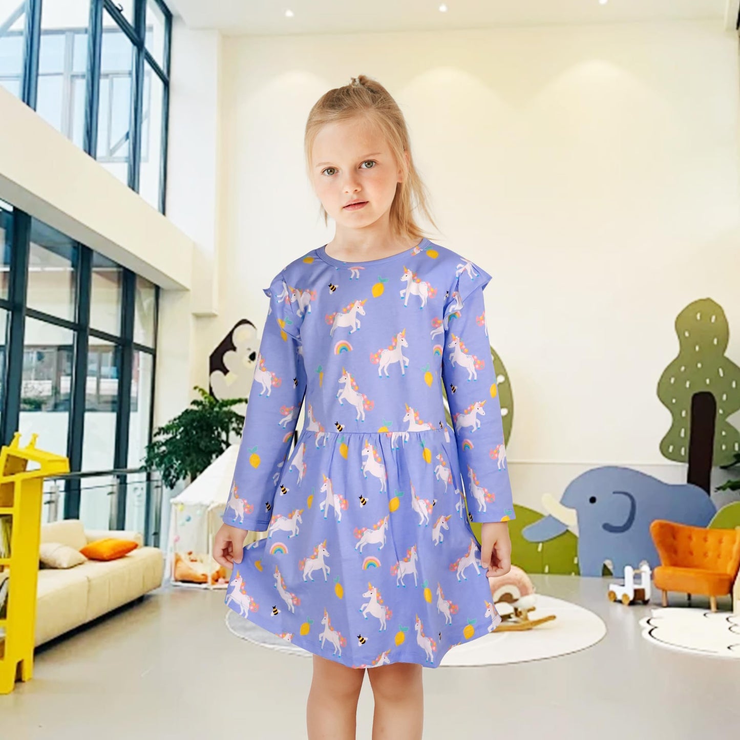 FILOWA Kleider für Mädchen Kinder Einhorn Blumen Stickerei Herz Druck Tier Sommerkleid Cartoon Kinderkleider Embroider Baumwolle Mädchenkleid Lange/Ärmellos Lässige Geburtstag Kinderkleidung,Gr.92-128