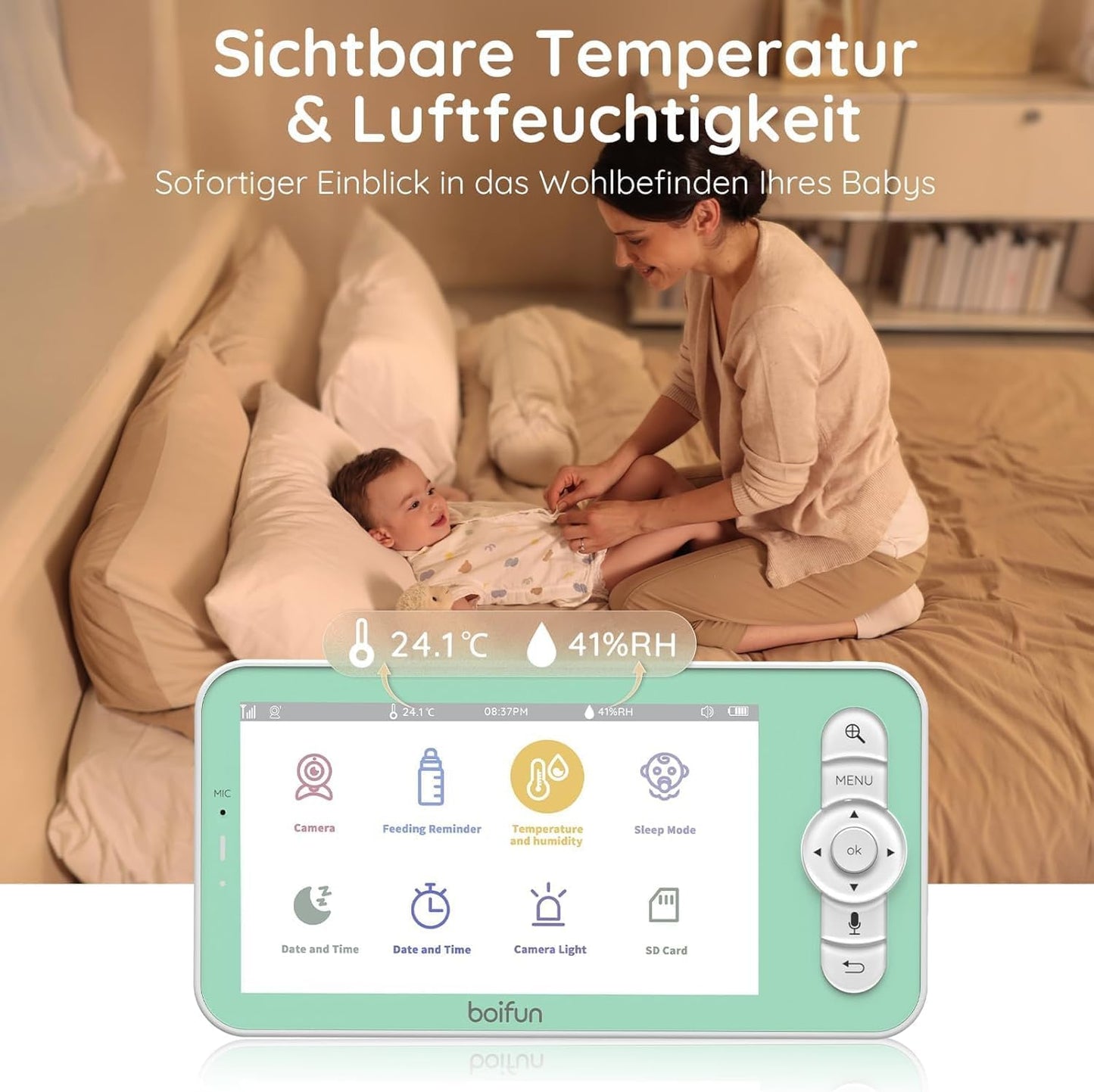 BOIFUN Babyphone mit Kamera 2K, 5-Zoll-Display, 360° PTZ, Nachtlicht | Nachtlicht, IR Nachtsicht, 360° Kamera, Handy, Weinen/Bewegungs/Geräuscherkennung, Bewegungsverfolgung, Temp&Feuchteerfassung
