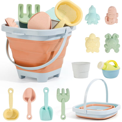 Euakee Sand Toy for Children, 11 Pieces Sand Toys with Foldable Bucket, Sanity Toy Set, Sand Toy Beach, Sandpit Toy for Children 3 4 5 6 7 Years (Orange)