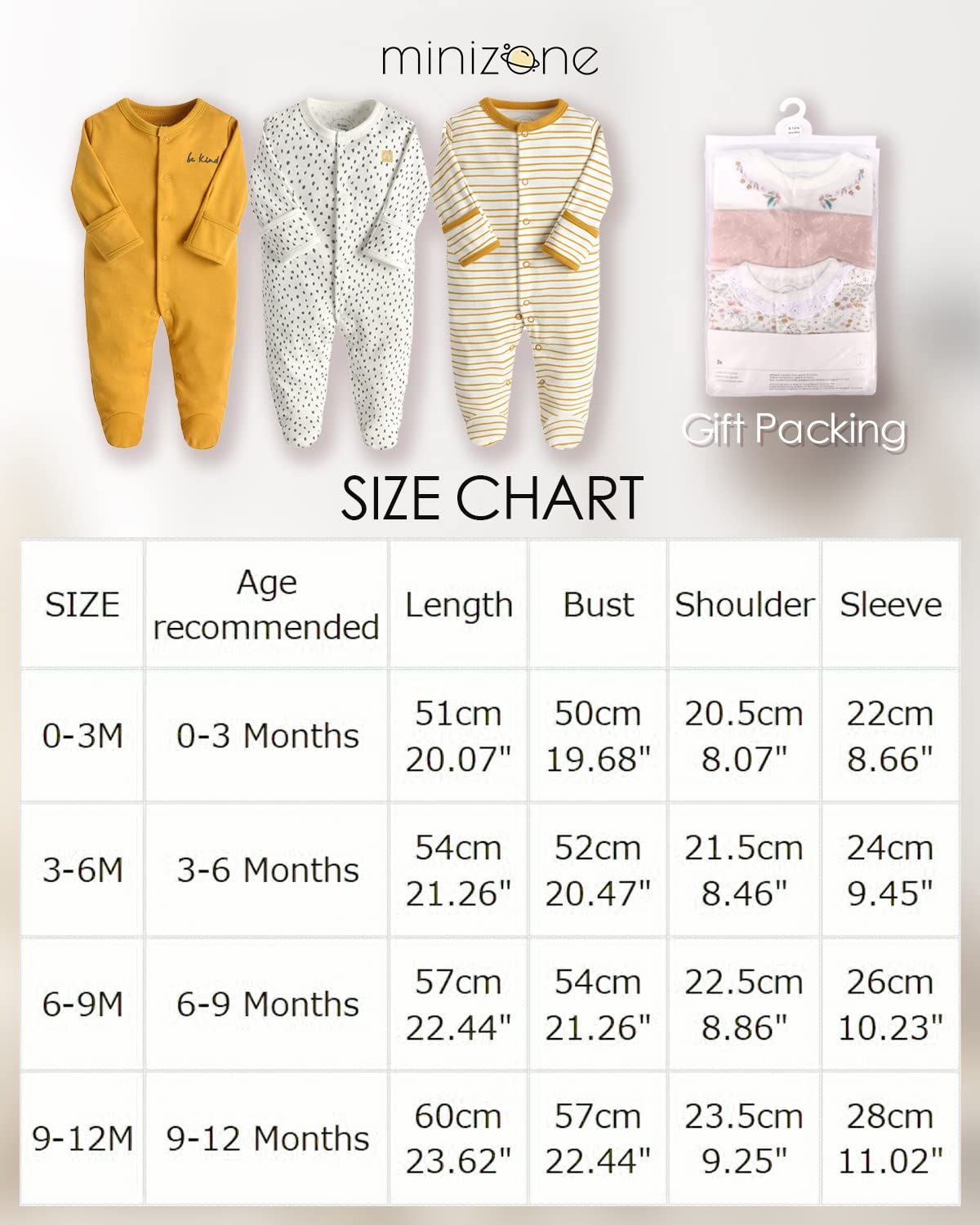 Minizone Baby Schlafstrampler 3er Pack, Pyjamas Langarm Strampler Jungen Mädchen Geschenk 9-12 Monate
