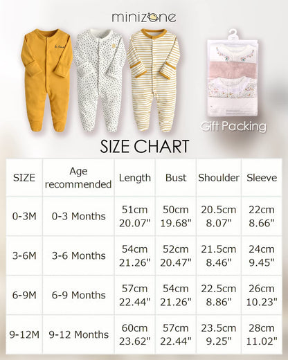 Minizone Baby Schlafstrampler 3er Pack, Pyjamas Langarm Strampler Jungen Mädchen Geschenk 9-12 Monate