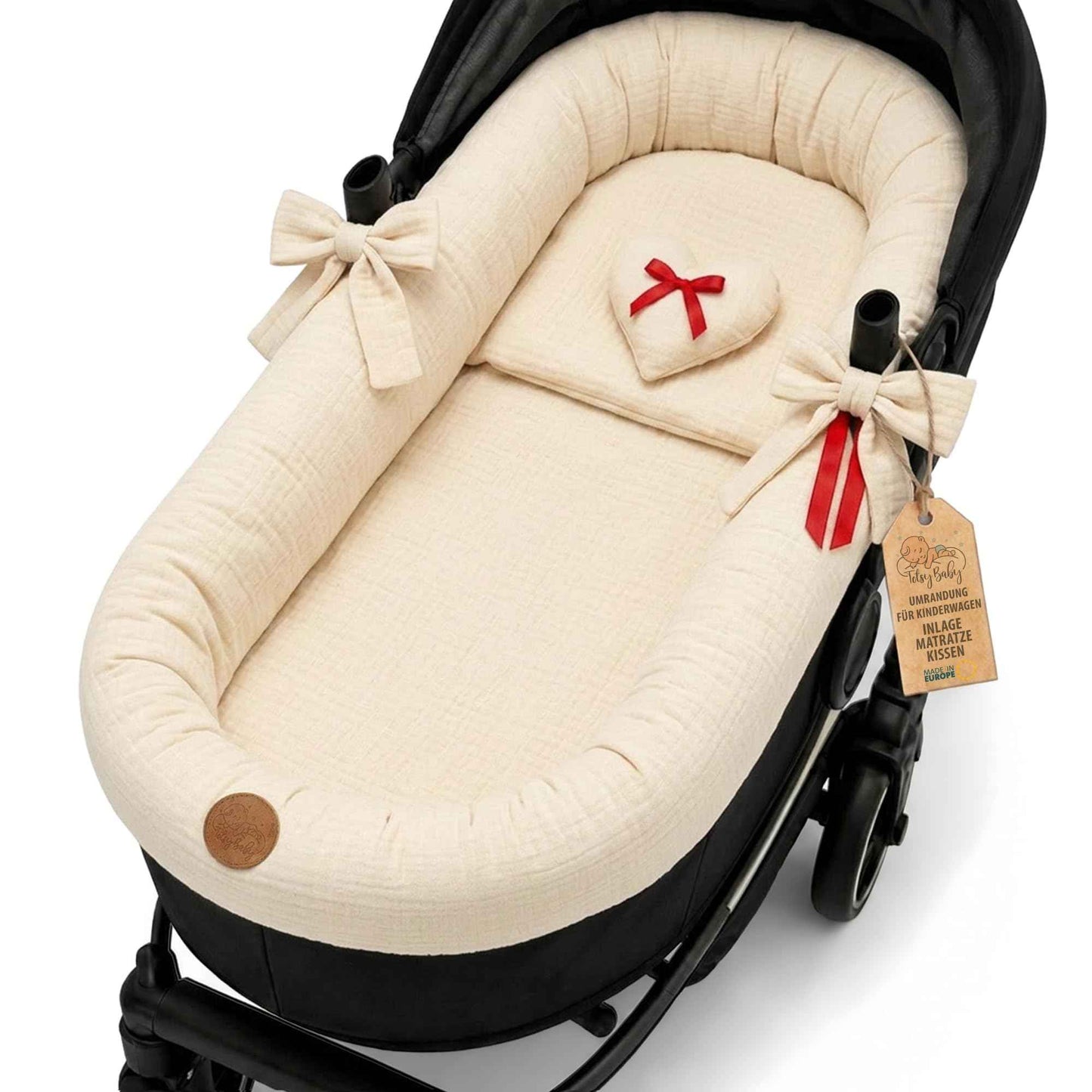 Stubenwagen Umrandung aus Musselin Baumwolle – Nestchen für Babywanne Kinderwagen und Buggy Atmungsaktiv – Schonbezug Set 3-teilig mit Kissen und Einlage für Neugeborene Gefieder